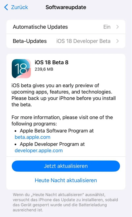 凤泉苹果手机维修分享苹果 iOS / iPadOS 18 开发者预览版 Beta 8 发布 